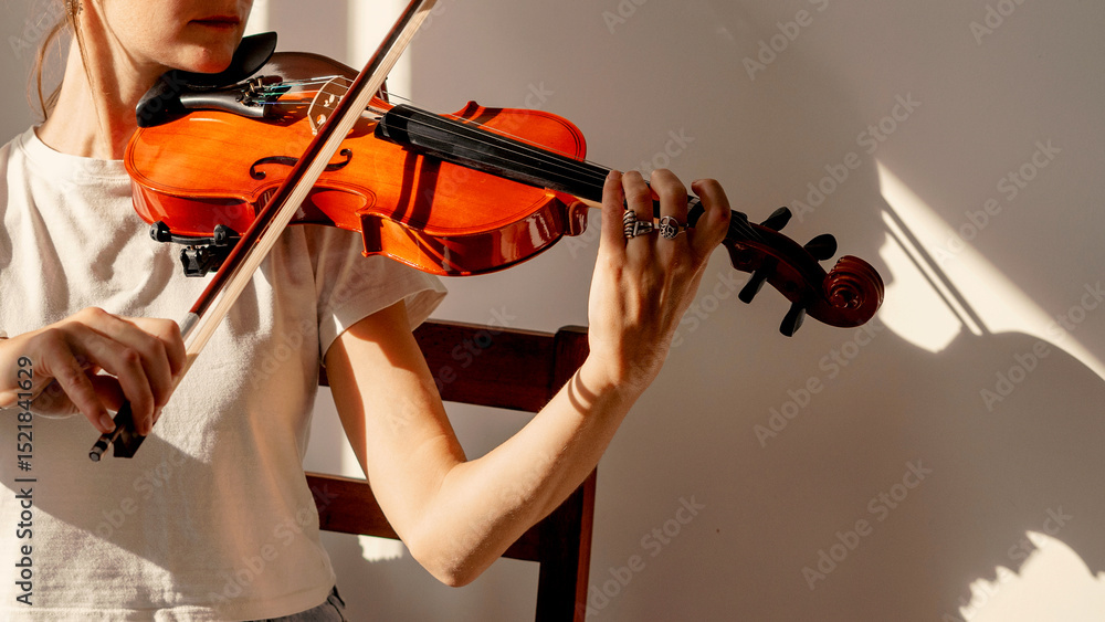 Fototapeta premium Peaceful scene of a woman sitting with her violin in soft daylight