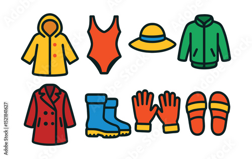 Flat vector icons of seasonal clothing: raincoat, swimsuit, sun hat, light jacket, wool coat, snow boots, gloves, sandals.