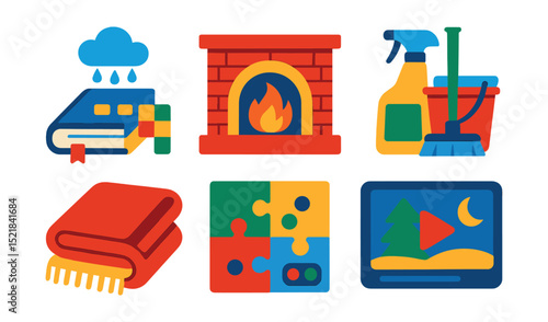 Flat vector icons of seasonal indoor activities: rainy day book, winter fireplace, summer board games, spring cleaning supplies, cozy blanket, seasonal puzzle, baking tray, seasonal home movie.