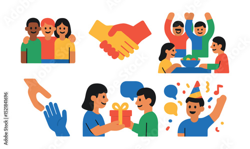 Flat vector icons of social happiness: friends gathering, handshake, group cheer, shared meal, helping hand, gift giving, conversation, party.