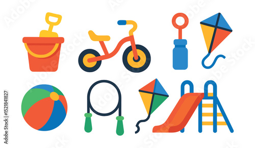 Flat vector icons of outdoor play for kids: sandbox bucket, tricycle, scooter, bubble wand, ball, jump rope, kite, playground slide.