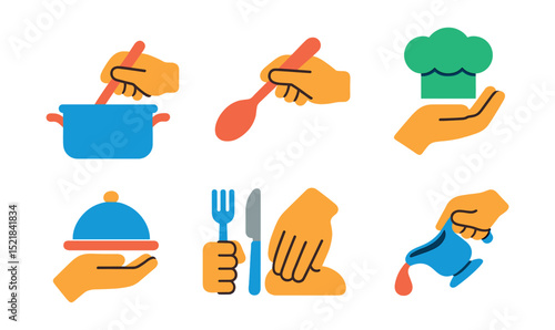 Flat vector icons of hands in cooking and food: hand stirring pot, hand holding spoon, hand cutting vegetables, hand with chef hat, hand presenting dish, hand holding fork and knife, hand kneading