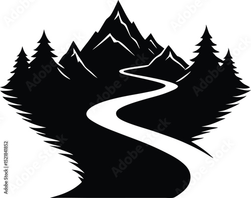 Silhouette of Valley With Winding River, River Valley Flow Silhouette