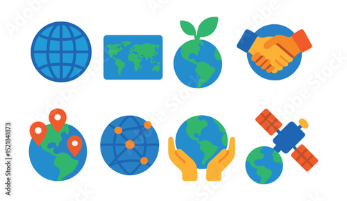 Flat vector icons of globe and world concepts: globe with latitude and longitude lines, world map, Earth with leaves (eco-friendly), handshake over globe (global partnership), globe with location