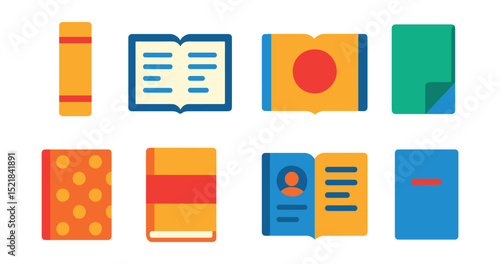 Flat vector icons of book design elements: spine view, table of contents, chapter title page, page corner fold, endpaper pattern, dust jacket, author bio page, dedication line.