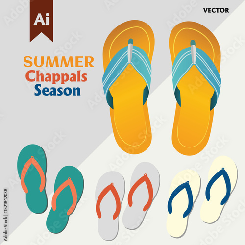 Collection of Colorful Summer Flip-Flops and Chappals Vector Illustration for Beach, Vacation, and Casual Footwear Designs.