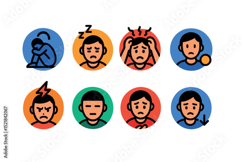 Flat vector icons of emotional states: hopelessness, fatigue, anxiety, loneliness, irritability, apathy, guilt, low motivation.