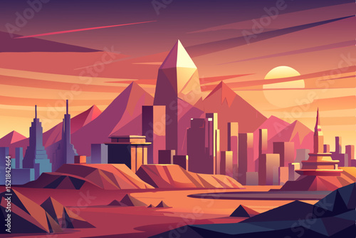 Urban vector illustration of a city skyline at sunset, featuring towering buildings and a vibrant sky, perfect for business and art design views