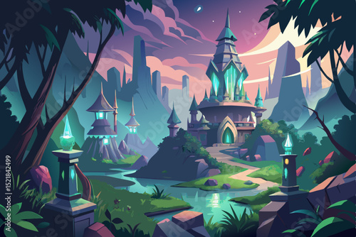 Fantastical fairy tale castle in a night forest with illuminated towers and domes under a magical sky