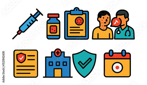 Flat vector icons of chickenpox vaccination: syringe, vaccine vial, medical chart, doctor consultation, vaccination card, immunization clinic, protective shield, calendar reminder.