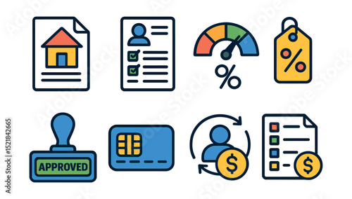 Flat vector line icons of loans and credit: mortgage document, loan application, credit score, interest rate, approval stamp, credit card chip, debt management, payment plan.