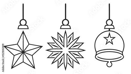 Festive christmas holiday decoration outlines with starburst, star, and bell illustrations