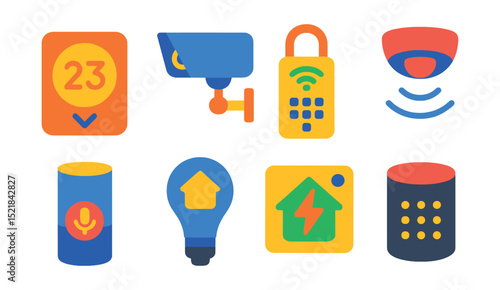 Flat vector icons of smart home technology: thermostat, security camera, smart lock, motion sensor, voice assistant, smart lighting, energy monitor, smart speaker.