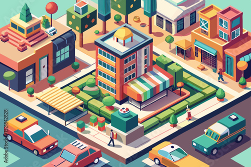 Isometric vector illustration of a city with buildings, houses, and industrial factories, depicting an urban town plan with roads and street architecture