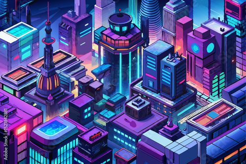 Abstract isometric electronic circuit board city with computer hardware and microchip architecture design