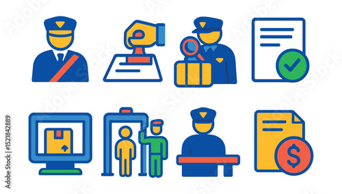 Flat vector icons of trade customs clearance: customs officer, document stamp, inspection, clearance certificate, cargo scan, security check, border control, import tax.