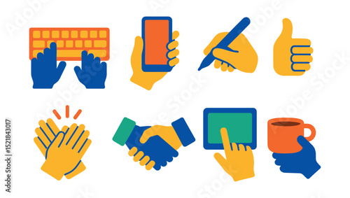 Flat vector icons of hands in action: typing on keyboard, holding smartphone, writing with pen, giving thumbs up, clapping hands, shaking hands, pointing at screen, holding coffee cup.