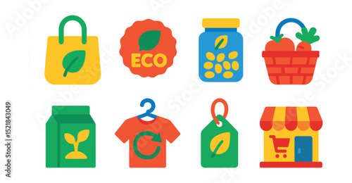 Flat vector icons of sustainable shopping: reusable shopping bag, eco-friendly label, bulk food container, farmer’s market basket, biodegradable packaging, secondhand clothing, eco product tag, zero