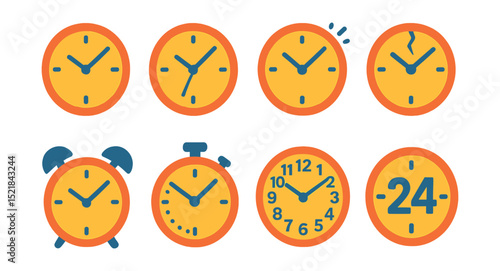 Flat vector icons of clock faces and hands: clock with hour and minute hands, clock with seconds hand, ticking clock, broken clock, clock with alarm bells, clock with stopwatch dial, clock face with
