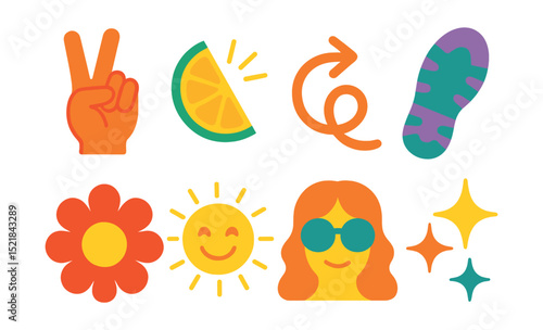 Flat vector icons of fun hippie designs: hand waving peace sign, lemon wedge with shine, swirling arrow, funky shoe print, blooming flower, sun with smile, character with sunglasses, glitter sparkles