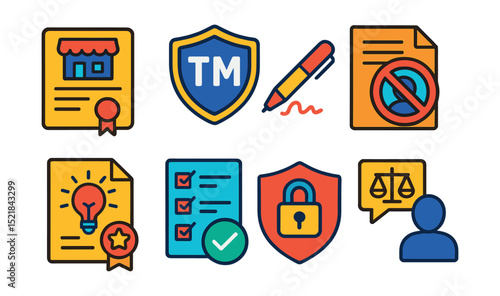 Flat vector icons of legal and compliance: business license, trademark, contract, NDA, patent, regulatory approval, privacy policy, legal consultation.