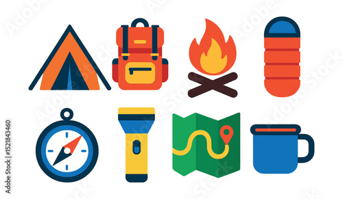 Flat vector icons of camping and outdoor gear: tent, backpack, campfire, sleeping bag, compass, hiking lamp, map, camping mug.
