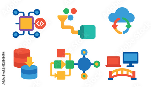 Flat vector icons of data integration: API connection, data pipeline, ETL process, cloud sync, database merge, data flow, integration hub, software bridge.