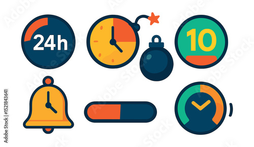 Flat vector icons of countdowns and timers: 24h timer icon, 1 hour left clock, ticking time bomb, final 10 minutes icon, end-of-day timer, visual countdown bar, circular progress dial, finish bell