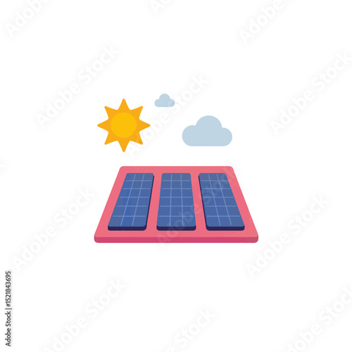 Colorful solar panels with sun and clouds in modern flat design, representing renewable energy solutions and eco-friendly concepts for businesses in green technology, construction, and sustainability