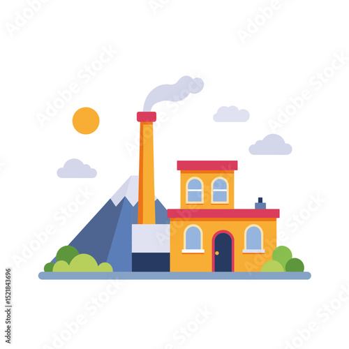 Colorful factory building with chimney and mountain background under sunny sky, representing industrial concept of renovation or construction company