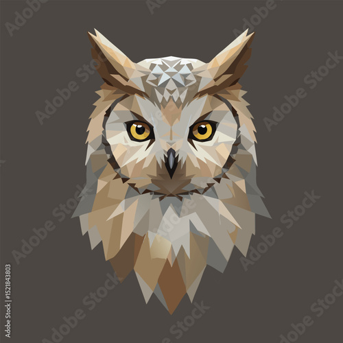 An artistic owl head in geometric style, with intricate polygonal design, captivating eyes