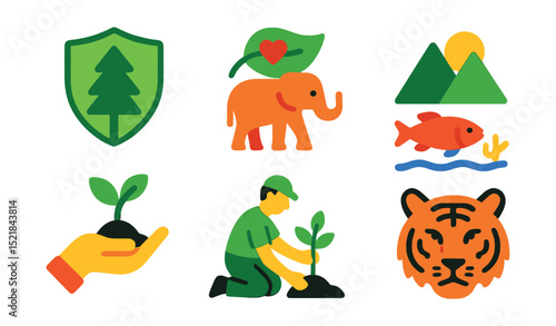 Flat vector icons of environmental conservation: forest protection, wildlife sanctuary, marine conservation, national park, tree planting, habitat restoration, endangered species, clean river.