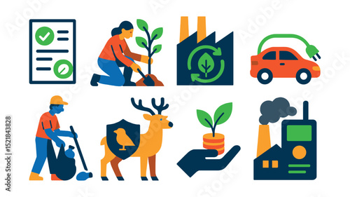 Flat vector icons of environmental impact reduction: carbon offset certificate, tree planting event, sustainable manufacturing, eco-friendly transport, plastic cleanup, wildlife protection, green