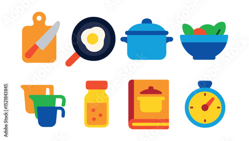 Flat vector icons of meal preparation: chopping board, frying pan, cooking pot, salad bowl, measuring cups, spice jar, recipe book, timer.