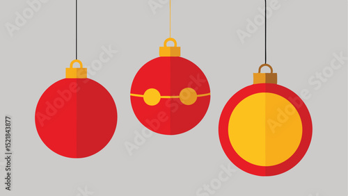 Festive red and gold christmas ornament baubles hanging on transparent background