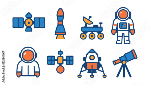 Flat vector icons of space exploration missions: satellite, rocket engine, Mars rover, spacesuit, astronaut, space station, lunar module, telescope.