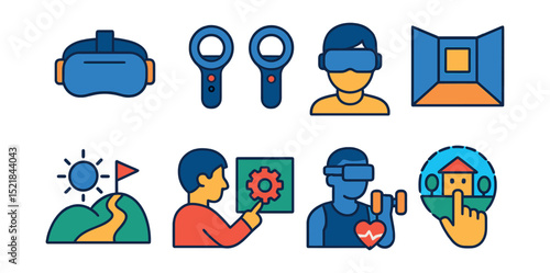 Flat vector icons of virtual reality applications: VR headset, controllers, avatar, virtual room, game world, VR training, VR fitness, virtual tour.