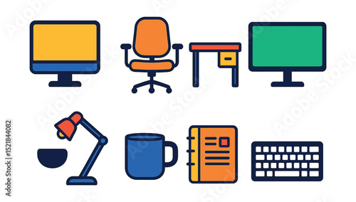 Flat vector icons of home office setup: computer, ergonomic chair, desk, monitor, desk lamp, coffee mug, planner, keyboard.