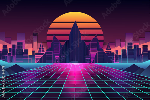 Modern urban night cityscape with towering business skyscrapers and a panoramic skyline