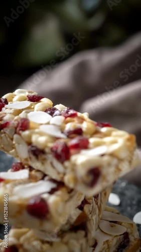 Close-up stack of granola bars with cranberries and almonds, delicious sweet homemade dessert for healthy eating in a warm setting