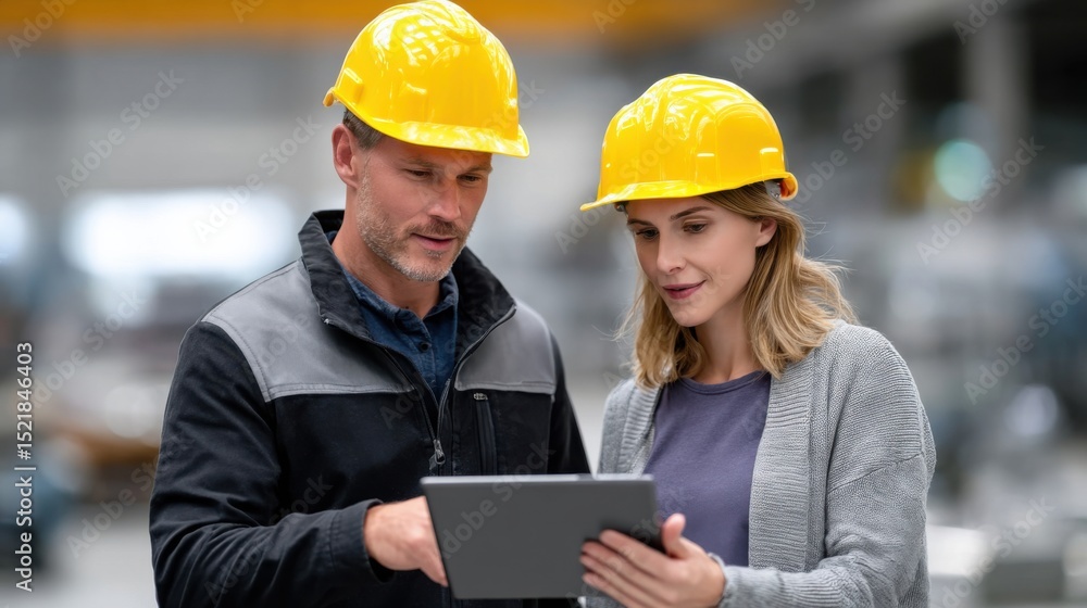 Two Engineers Reviewing Data on a Tablet in a Factory, Illustrating Collaboration and Industrial Progress for Business Development and Manufacturing : Generative AI Two Engineers Reviewing Data on a Tablet in a Factory, Illustrating Collaboration and Industrial Progress for Business Development and Manufacturing : Generative AI