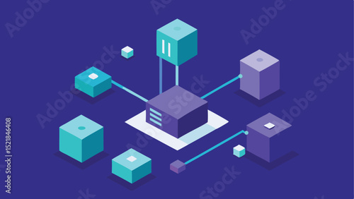 Isometric data server network diagram with geometric cube shapes on transparent background