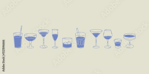 Collection of various cocktail and drink glasses filled with blue beverages. Minimal hand-drawn style, perfect for bar menus, drink guides, posters, and mixology designs.