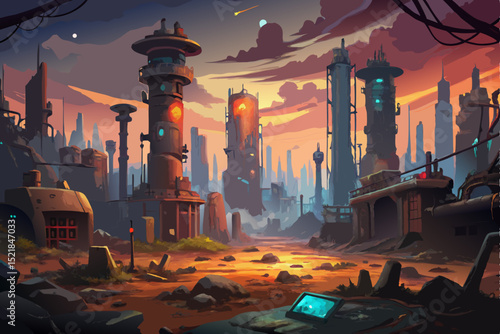 Urban alien cityscape at night with industrial pollution and smoke silhouette