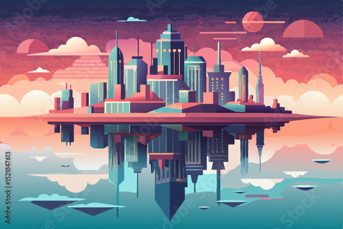 Urban business cityscape at sunset with city skyline and building reflections over water