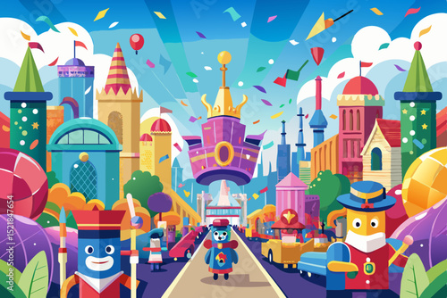 Envision a colorful cartoon illustration of a fantasy fairy tale village with whimsical towers, churches, and houses nestled around a grand castle