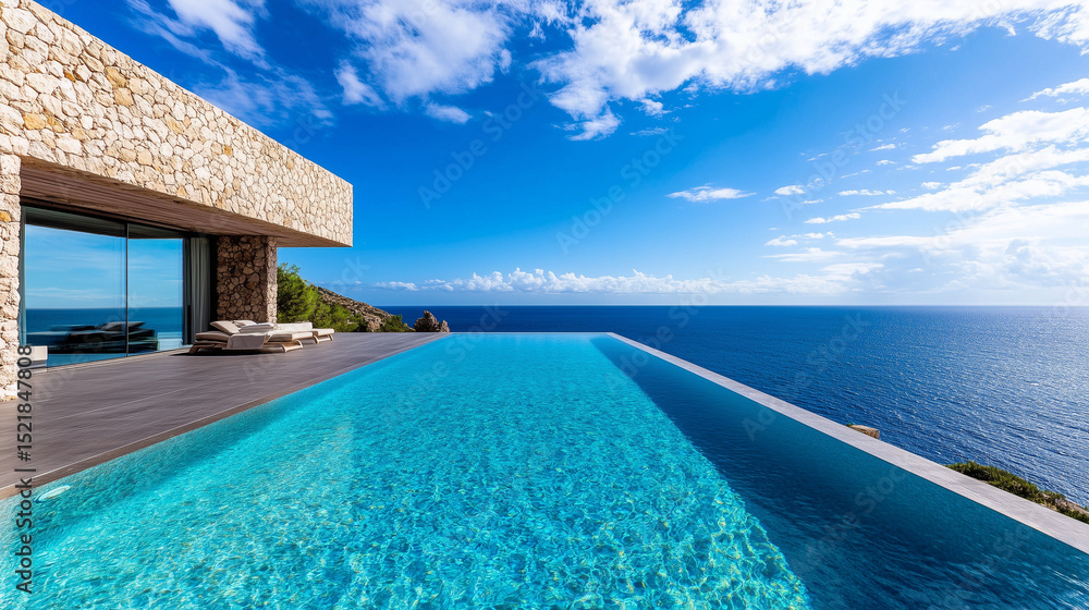 Fototapeta premium Luxury Pool with Sea View in a Stone House on the Mediterranean Coast