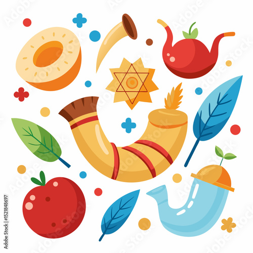 Rosh Hashanah Vector Icons with Apples, Honey, Shofar on White Background