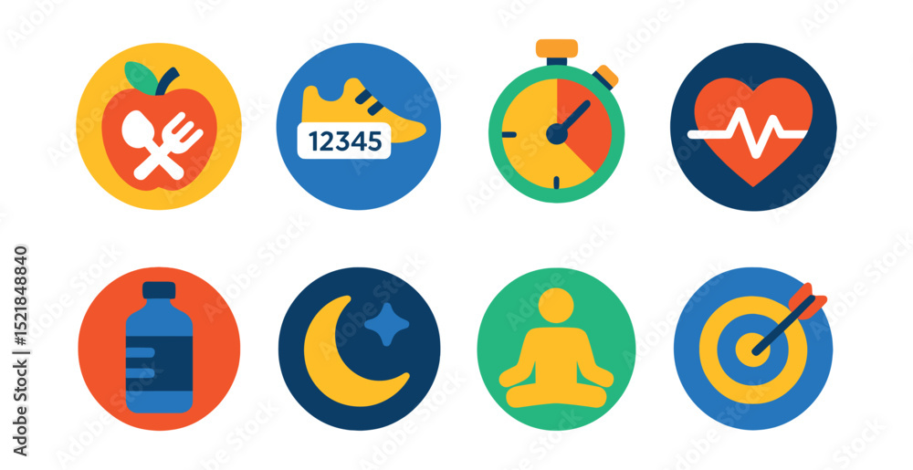 Flat vector icons of health and fitness apps: calorie counter, step tracker, workout timer, heart rate monitor, water intake reminder, sleep log, meditation app, goal tracker. Flat vector icons of health and fitness apps: calorie counter, step tracker, workout timer, heart rate monitor, water intake reminder, sleep log, meditation app, goal tracker.