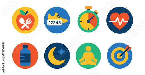 Flat vector icons of health and fitness apps: calorie counter, step tracker, workout timer, heart rate monitor, water intake reminder, sleep log, meditation app, goal tracker.